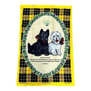 Vintage Lamont Scottish Dogs Tea Towel Scottie Yellow Black Plaid Boho KItsch